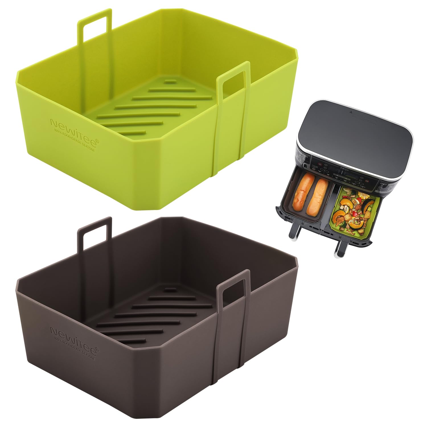 NEWITEE Silicone Air Fryer Liners 10QT For Ninja DZ550/DZ401, 2 Pack BPA Free Platinum Silicone Air Fryer Basket Liner with Handle, Rectangle Dual Basket Air Liners, Upgraded