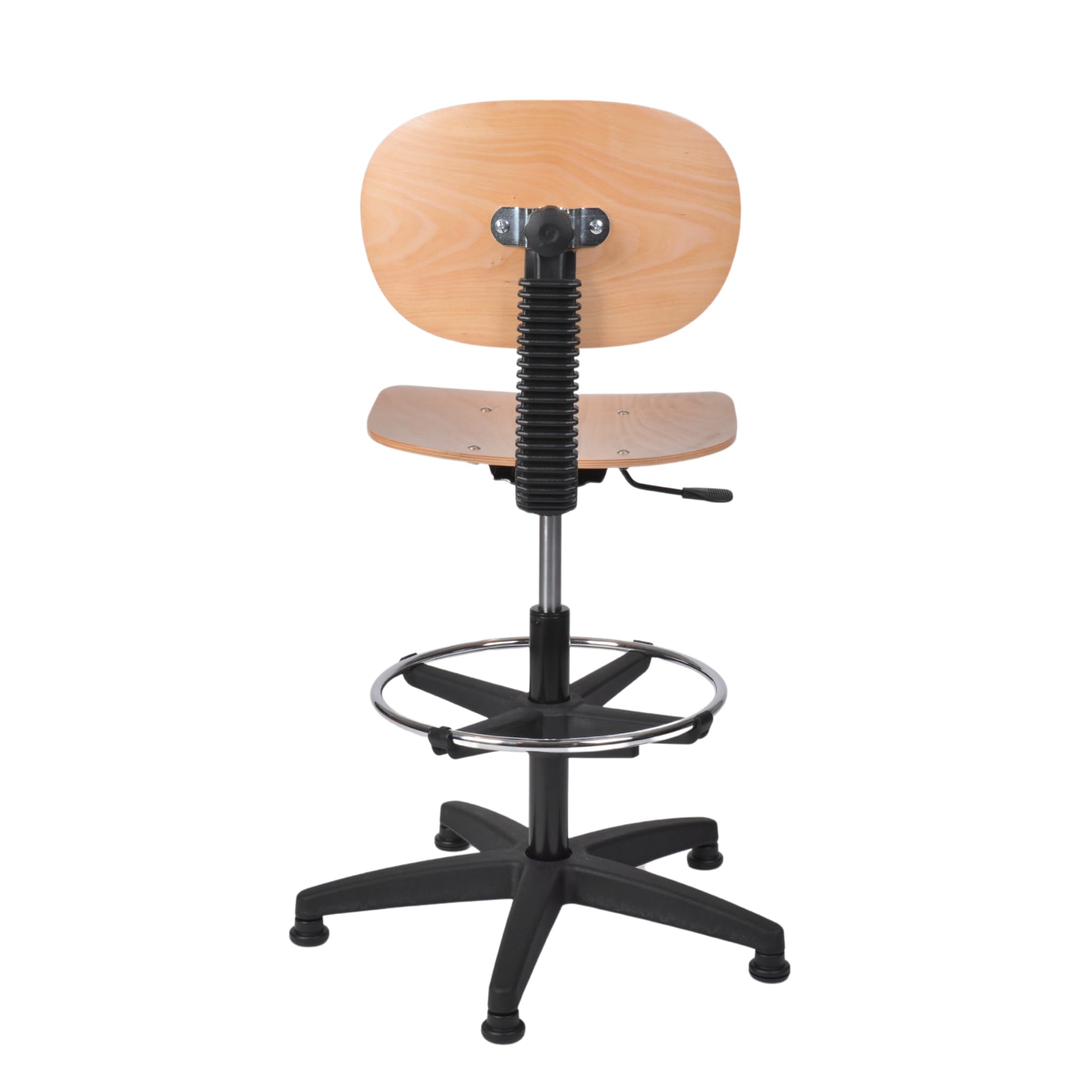 Topsit Sedia da lavoro IND114 in legno di faggio laccato chiaro, sedia da laboratorio, regolazione continua dell'altezza del sedile con Toplift, anello per piedi cromato, croce in plastica con piedini
