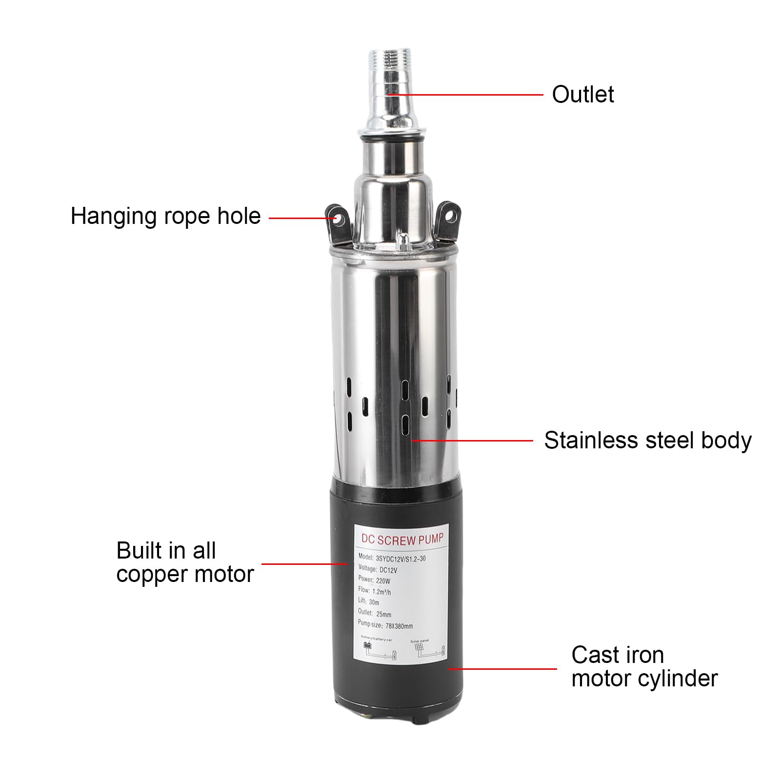 Ausla Pompa per Pozzi Profondi da 12 V, Prevalenza di 30 M, 1,2 M³/h, Pompa Sommersa a Vite in Acciaio Inox con Cavo da 7 M per Pozzo, Bestiame, Serbatoio