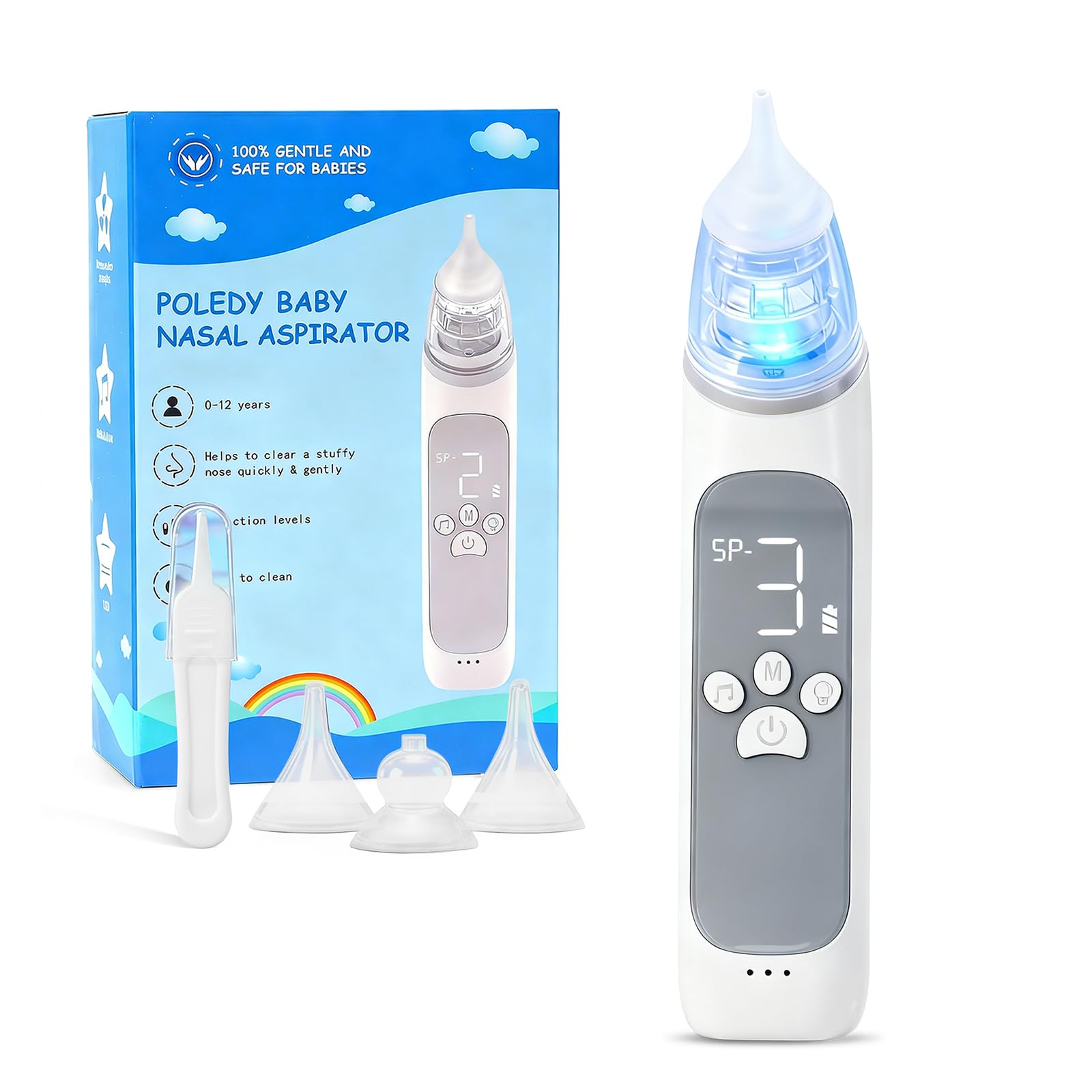 Aspirador nasal eléctrico para bebé, ventosa de nariz impermeable para niños pequeños, limpiador de nariz con 3 puntas de silicona, 3 niveles de succión ajustables, ventosa de bebé con