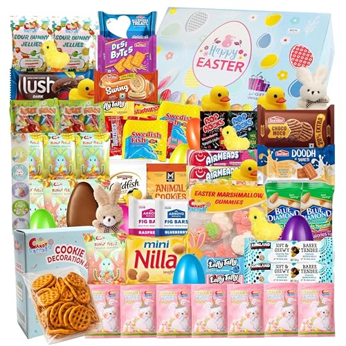 Easter Gift Basket (82 Count) Care Package with Treats Snacks Cookies Candy Gift Box for Friends, Family