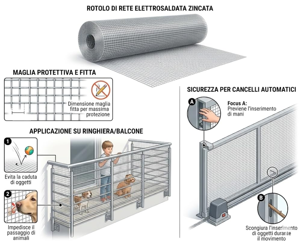 Rete Metallica Zincata Elettrosaldata Per Recinzioni Maglia Piccola Quadra 12,5x12,5 mm per Voliere Gabbie Uccelli Orti e Giardino Rotolo h.100 cm. x 25 mt.