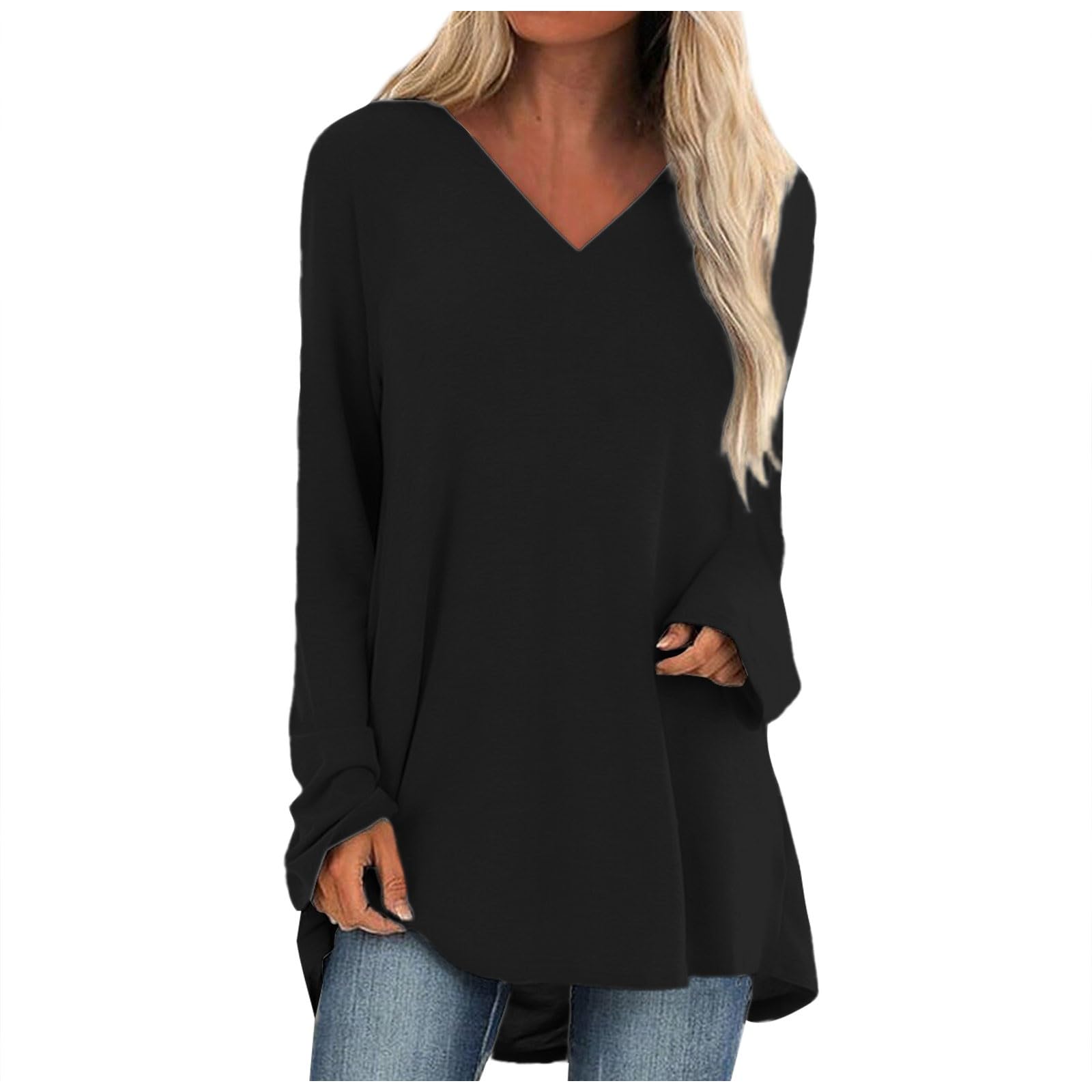 Womens Blouses Dressy Casual Plus Size Long Sleeve Shirts Trendy V Neck Tops Loose Fit Tunic or Tops to Wear with Leggings