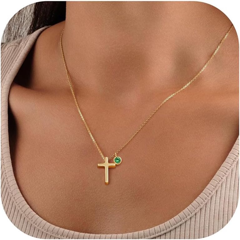 Turandoss Gifts for Women Her Teen Girls - Cross Gold Birthstone Necklace, 14K Gold Plated Dainty Cross Pendant Created Birthstone Necklaces for Women Jewelry Gifts for Christian Faith
