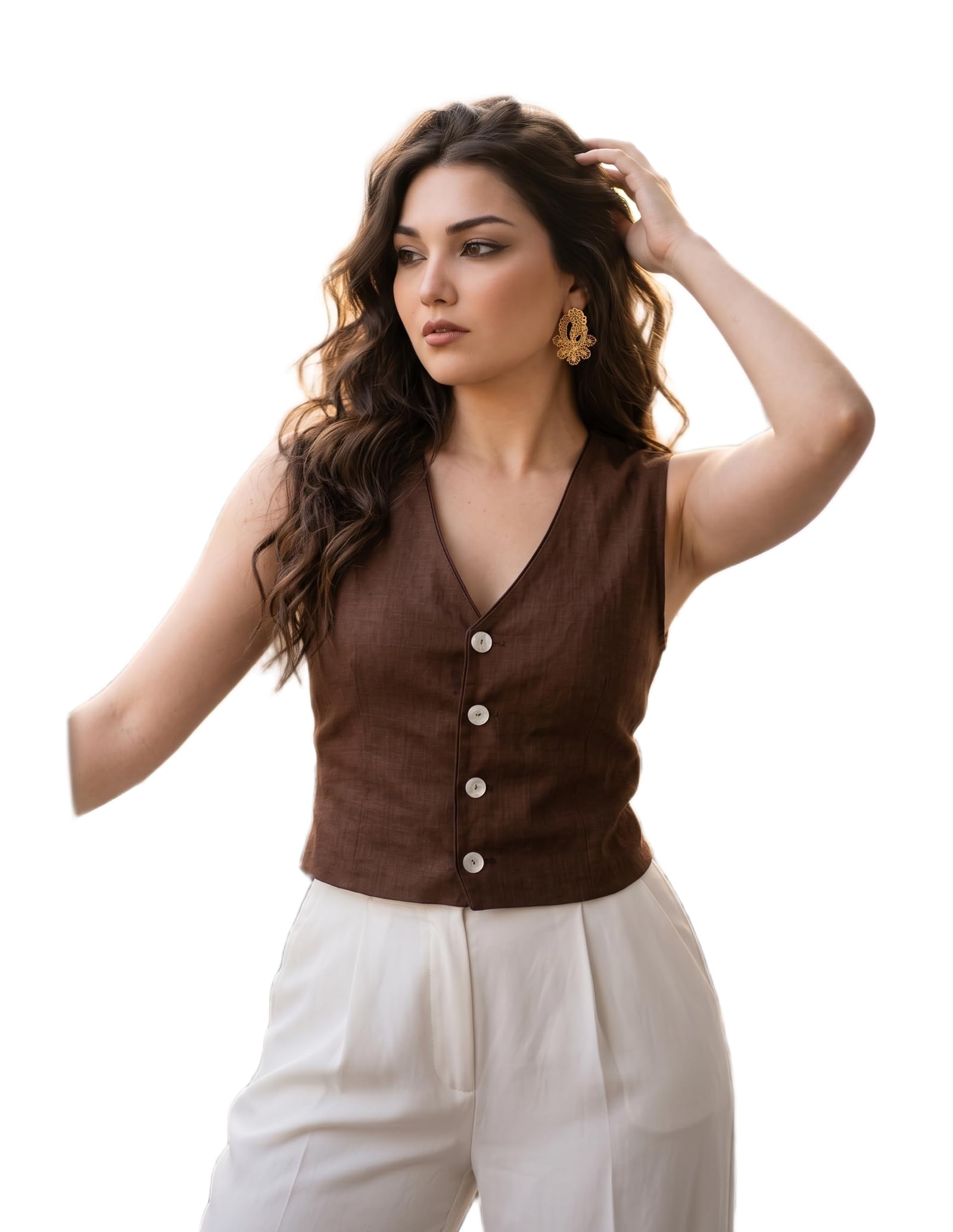 maykr Women's Brown Cropped Waistcoat Top Sleeveless V-Neck Button Front Chic Vest-picture-32