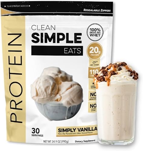 Clean Simple Eats Simply Vanilla - Proteína de suero de leche en polvo, endulzada natural y prensada en frío, 0.71oz de proteína, 30 porciones