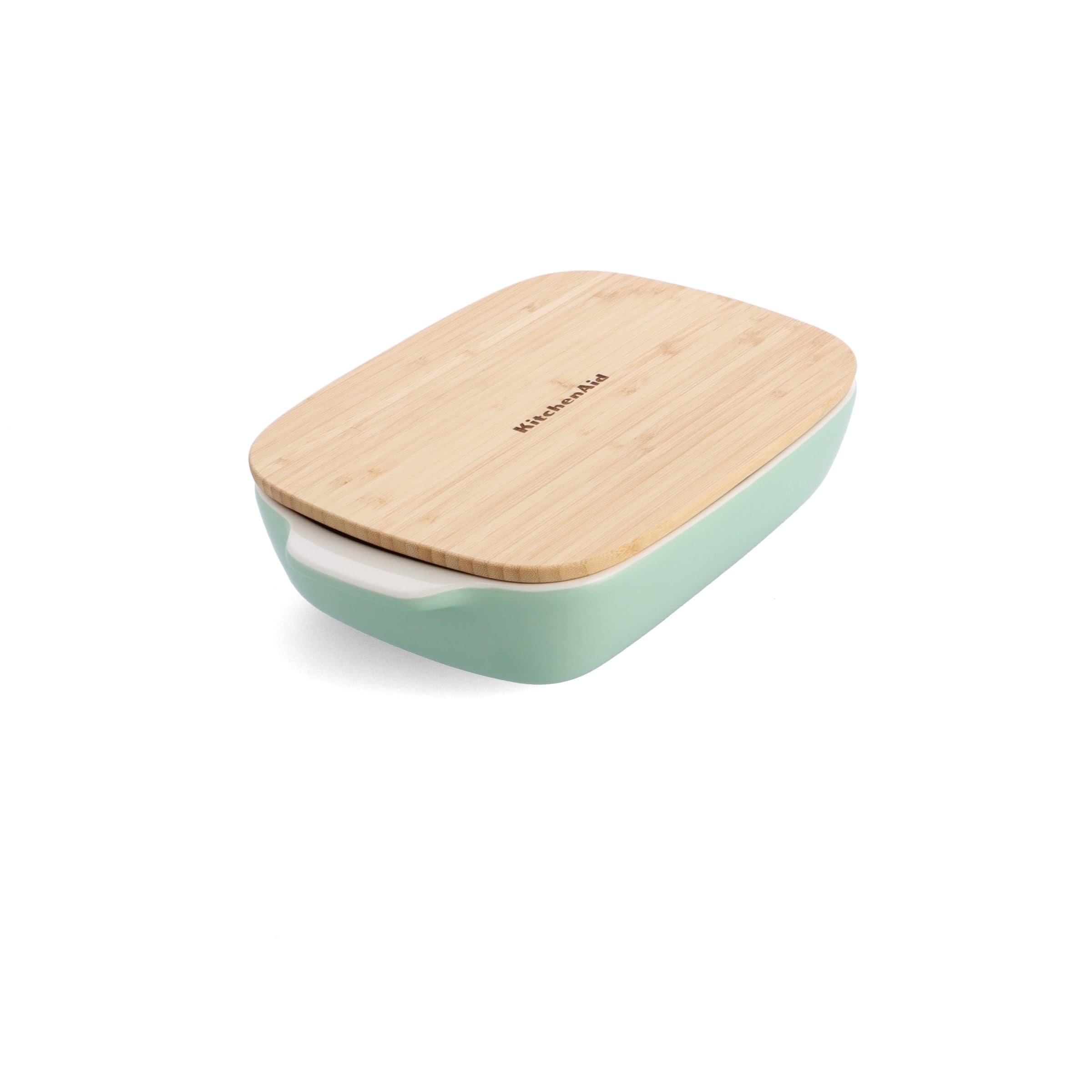 KitchenAid Stoneware Plat à Four Rectangulaire Antiadhésif en Céramique avec Couvercle en Bambou, 26 cm/1,9L, sans PFAS, Gain de Place, Va au four jusqu'à 260°C, Va au Lave-Vaisselle, Pistache