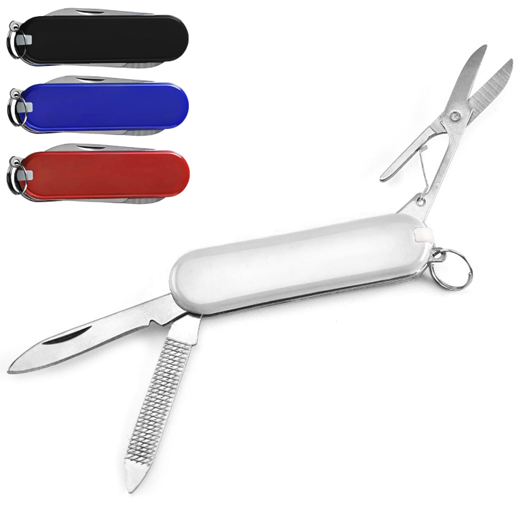 Mini Keychain Pocket Multi Tool 5-in-1, White Folding Blade with Scissors, File, Tweezers, Toothpick & Key Ring, Compact 2.3”, 0.7 oz