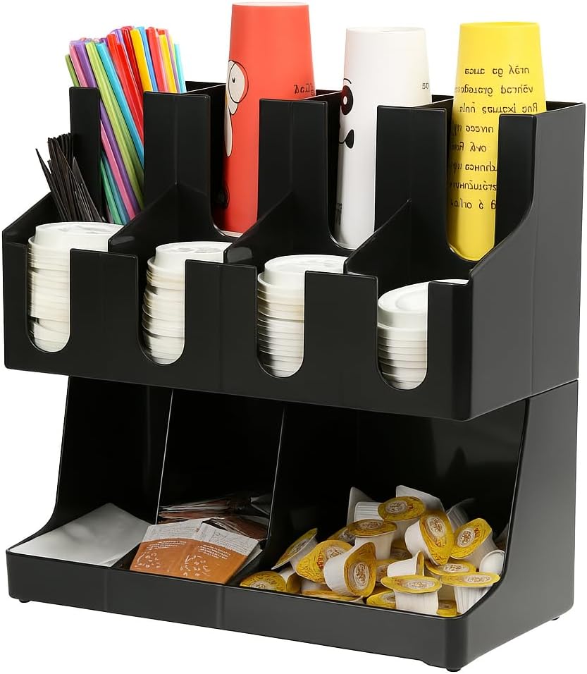 - 12 Compartment ABS Coffee Tea Organizer Station Upright Coffee Breakroom Condiment and Cup Storage Organizer with Sachet Holder and Straw Holder