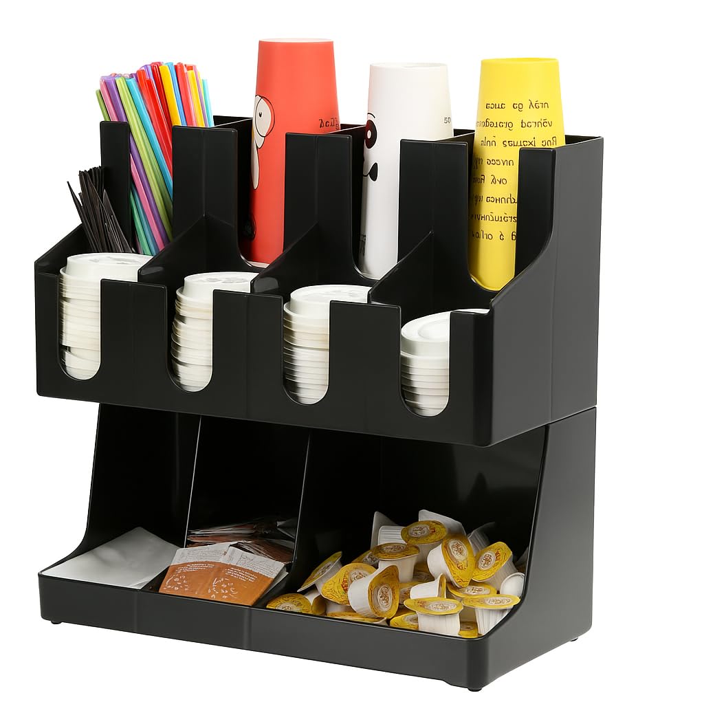 THW® 12 Compartment ABS Coffee Tea Organizer Station Upright Coffee Breakroom Condiment and Cup Storage Organizer with Sachet Holder and Straw Holder