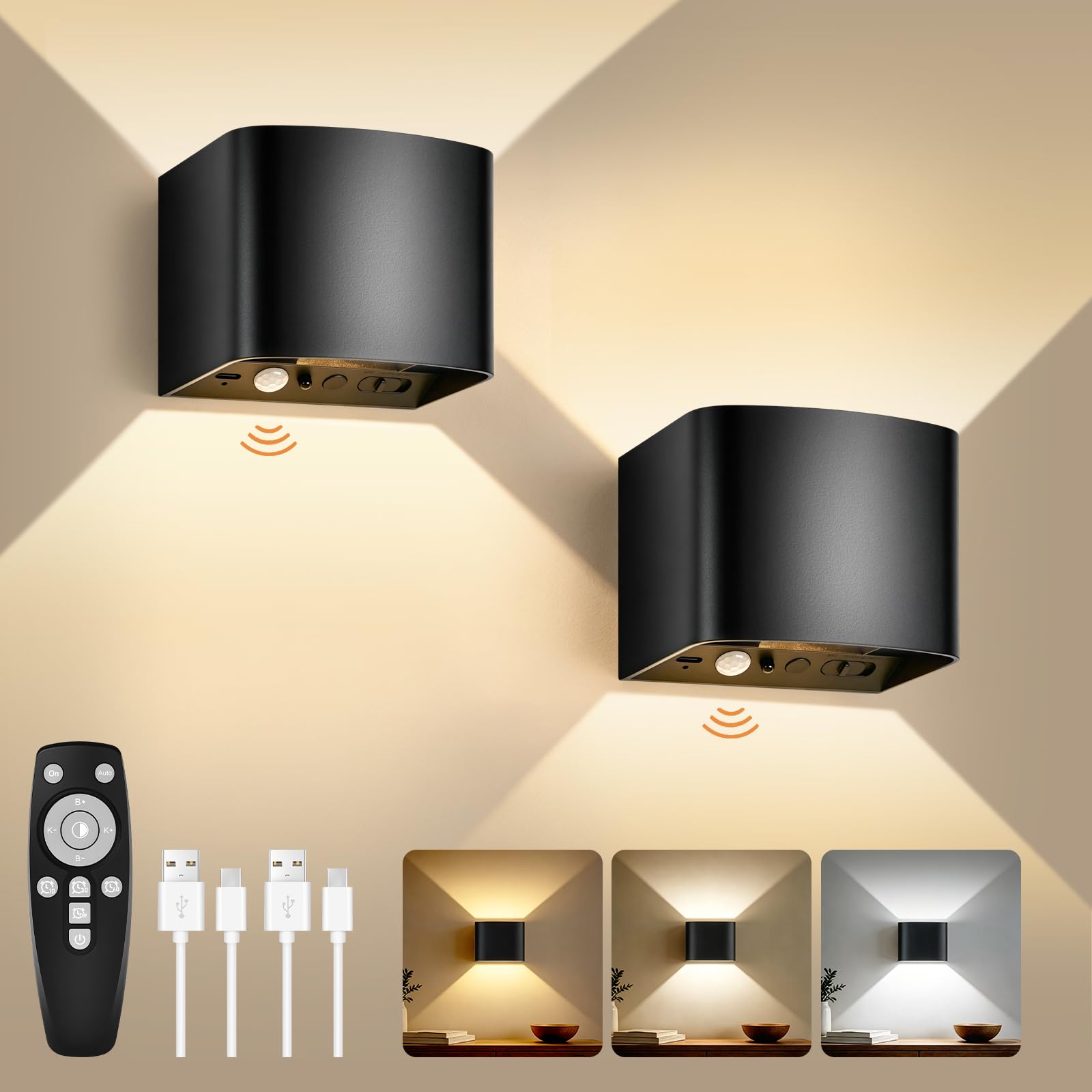 GeyouLux 6000mAh Akku Wandleuchte Innen mit Bewegungsmelder, Wandlampe mit Fernbedienung Einstellbar Abstrahlwinkel, 3 Modi 2700K-6500K Dimmbar Timer LED Aufladbare Wandleuchte für Treppe Flur 2 Stück