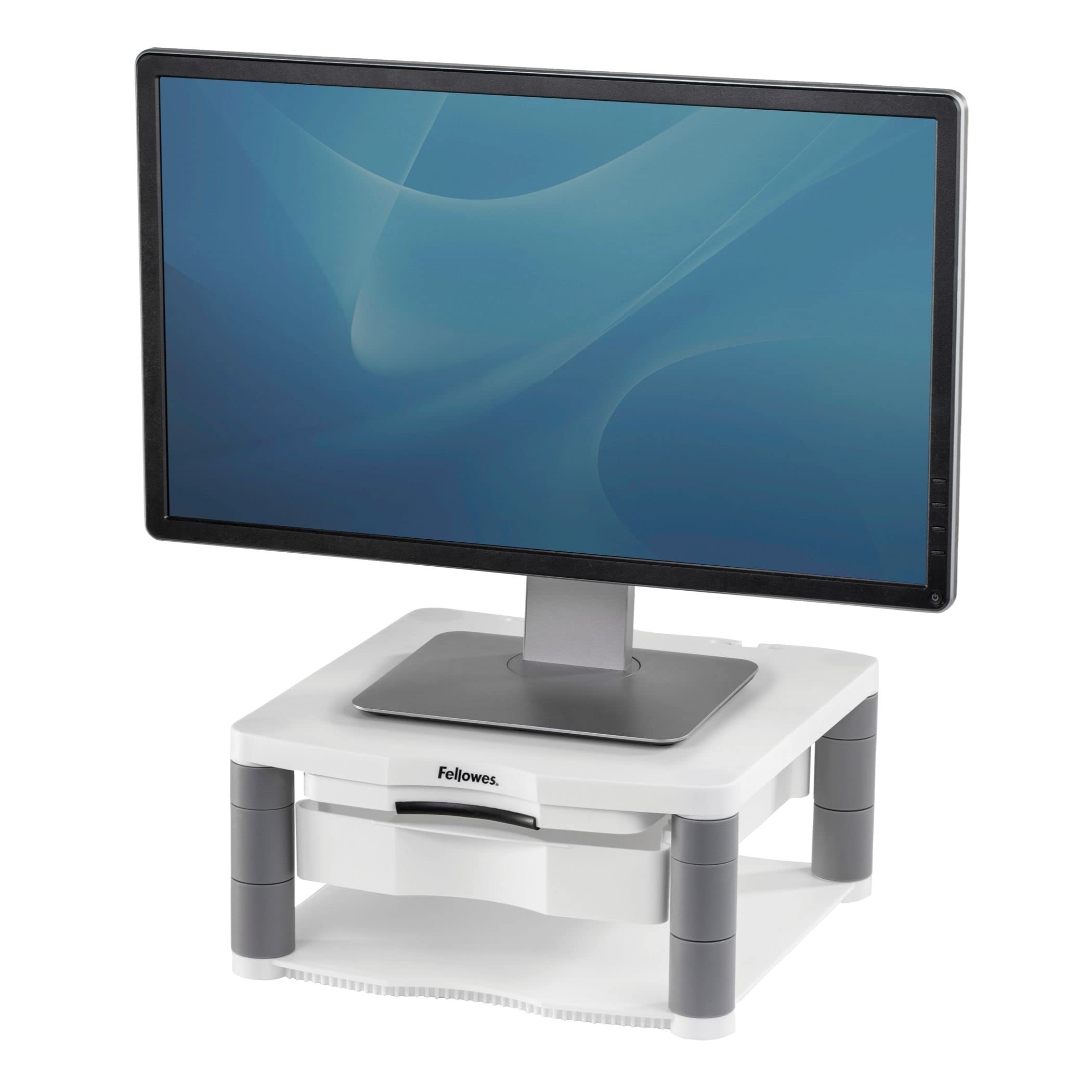 Fellowes Monitorständer Premium Plus, höhenverstellbar in 5 Stufen, ergonomisch, sehr stabil für Monitore bis 21 Zoll,, mit Schublade und Sichtfeld-Vorlagenhalter, weiß-grau