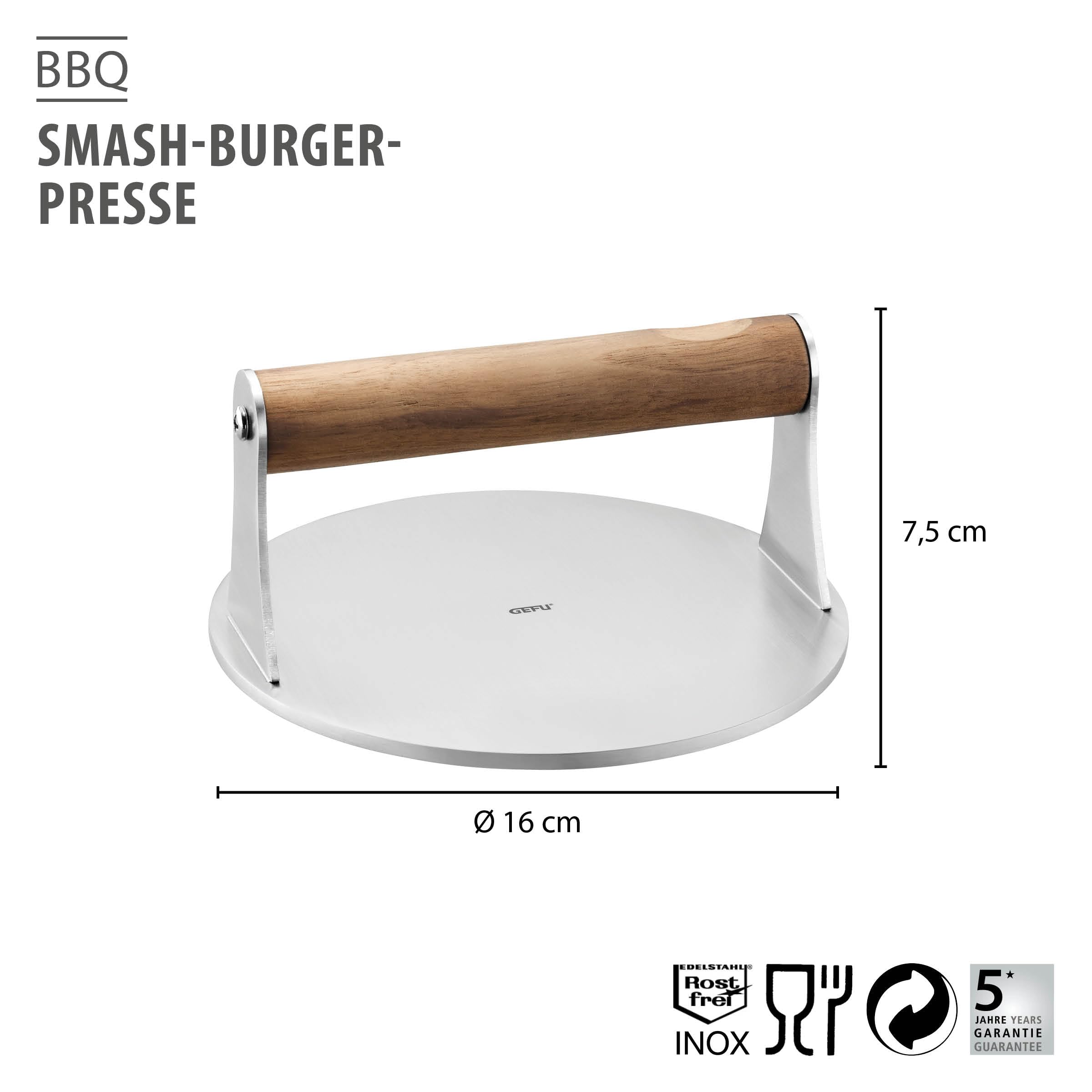GEFU Pressa per hamburger BBQ – Smasher in acciaio inox con manico in legno di noce, per hamburger, bacon, bistecche e patate smashed