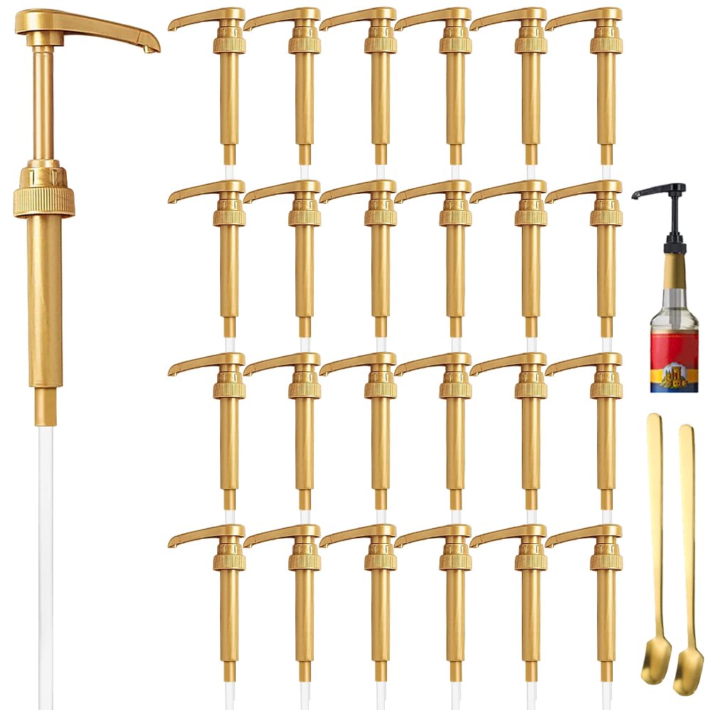 25 Pcs Gold Coffee Syrup Pumps, Compatible with 25.4 Oz/750ml Bottles, Great for Home & Coffee Bar Drinking Mixes, Tea, Beverage, Cocktails, Plus