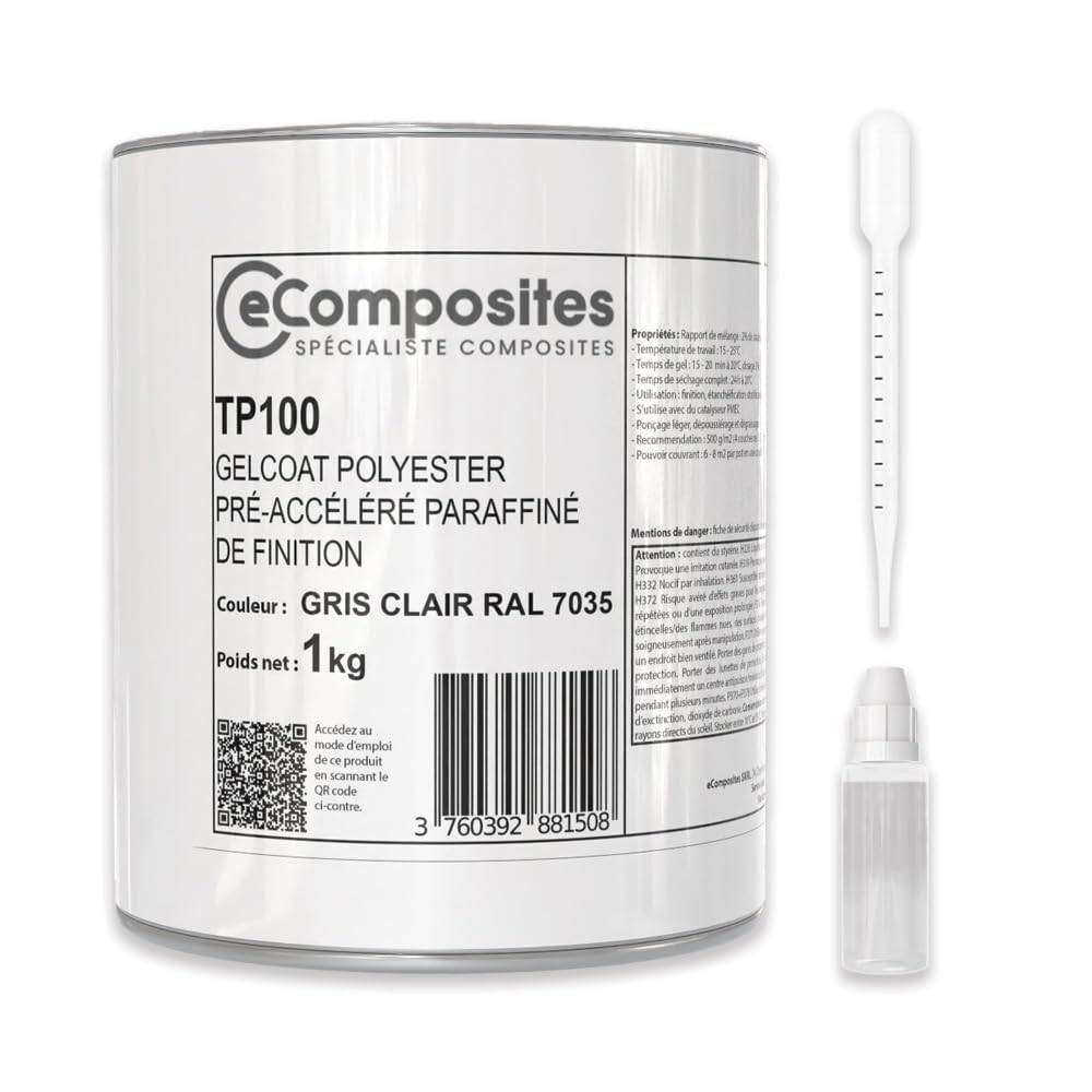 Gelcoat Polyester | 1 kg | Gris Clair RAL 7035 | + Catalyseur PMEC + Pipette de dosage 3 ml, Gel Coat pour Bateau, Topcoat pour Camping car