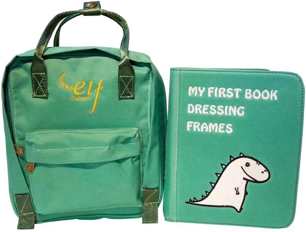 Quiet Book/Activity Book/Best Educational Toy for Babies and Toddlers. Early Learning Toys for Boys and Girls,Safety Fabric Book for Sensory,Montessori method--My First Book 2-Dressing Frames. (Green)