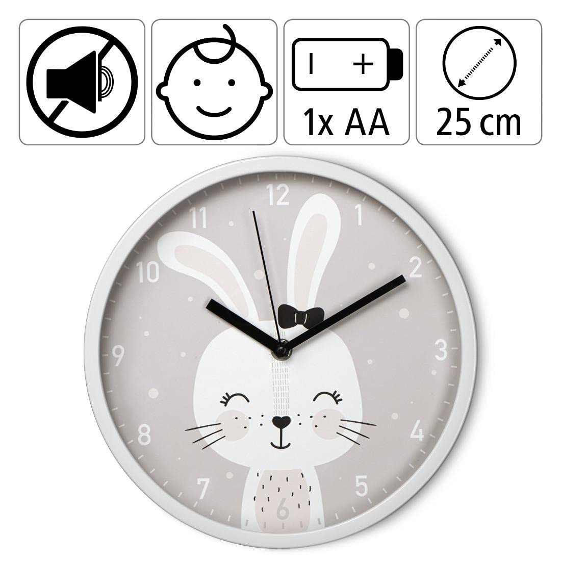 Hama Dziecięcy zegar ścienny Lovely Bunny (analogowy, kwarcowy, cichy mechanizm, cyfry arabskie) szary