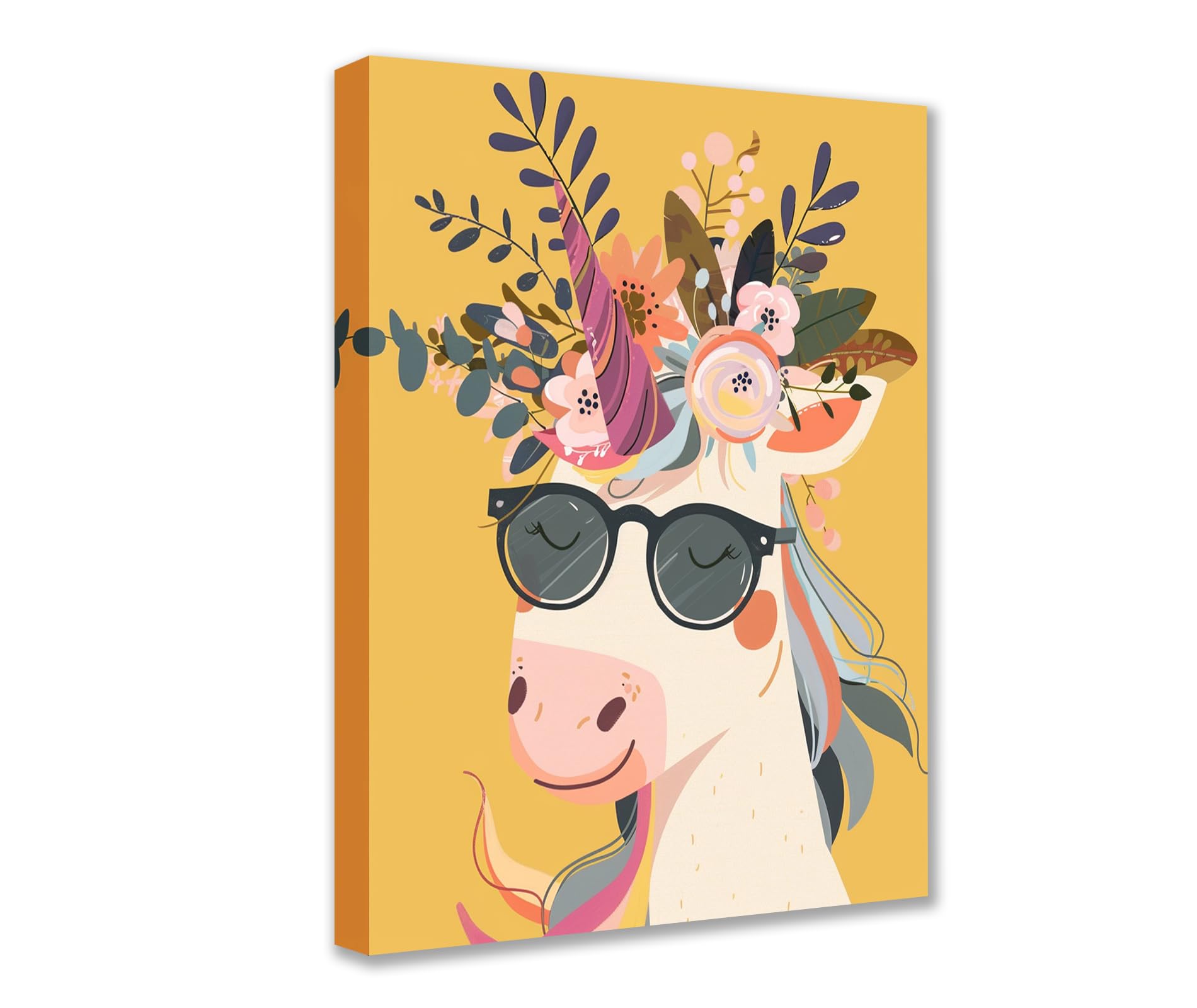 Dreamy Animal Flowers Poster Prints Artwork Smiling Unicorn Wearing Shades Straw Hat 1P Canvas Room Wall Creative Pictures Home Decor for Living Room Framed Gallery-Wrapped Ready to Hang 16x24inch