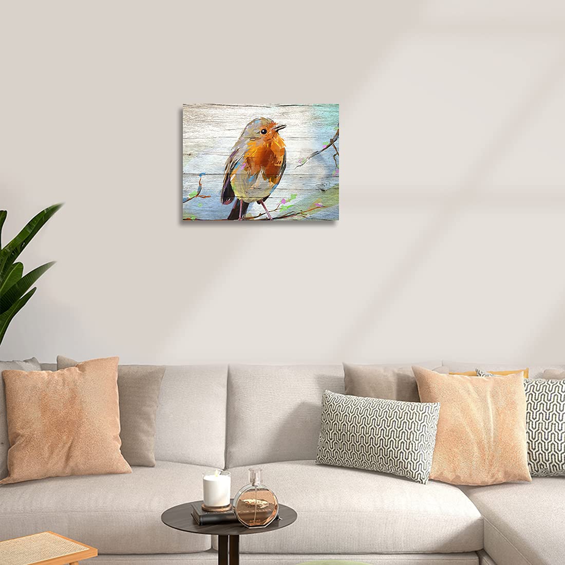 The Melody art Watercolor Bird on Wooden Texture Background Canvas Wall Art Kitchen Accessories Wall Decorations for Living Room 12x16 in 1 PCS Stretched and Framed 4