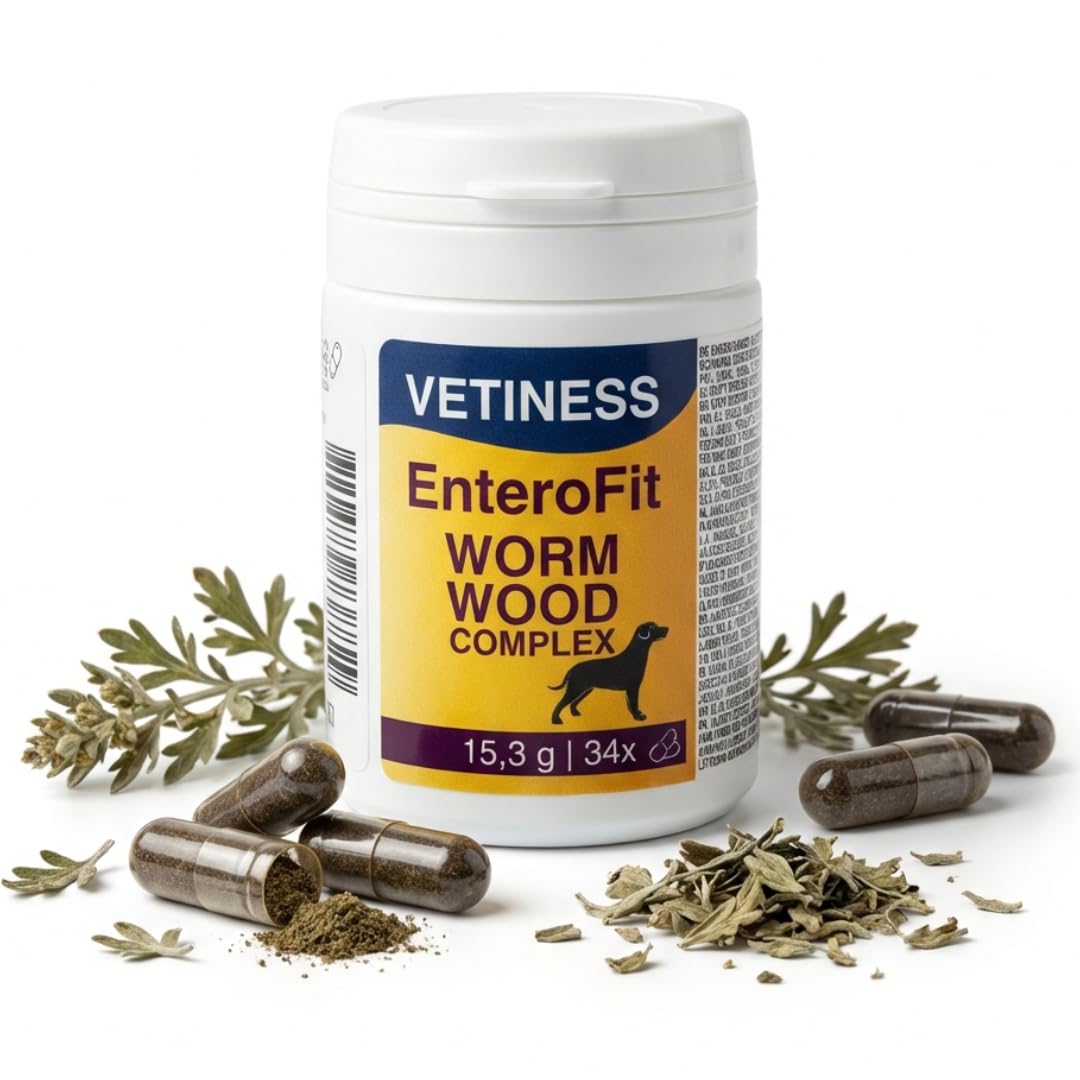 EnteroFit - Complejo de gusanos para perros – antigusanos secundarios – 34 cápsulas de ajenjo – alimento complementario para un ambiente intestinal antigusano – segrega las pastillas para