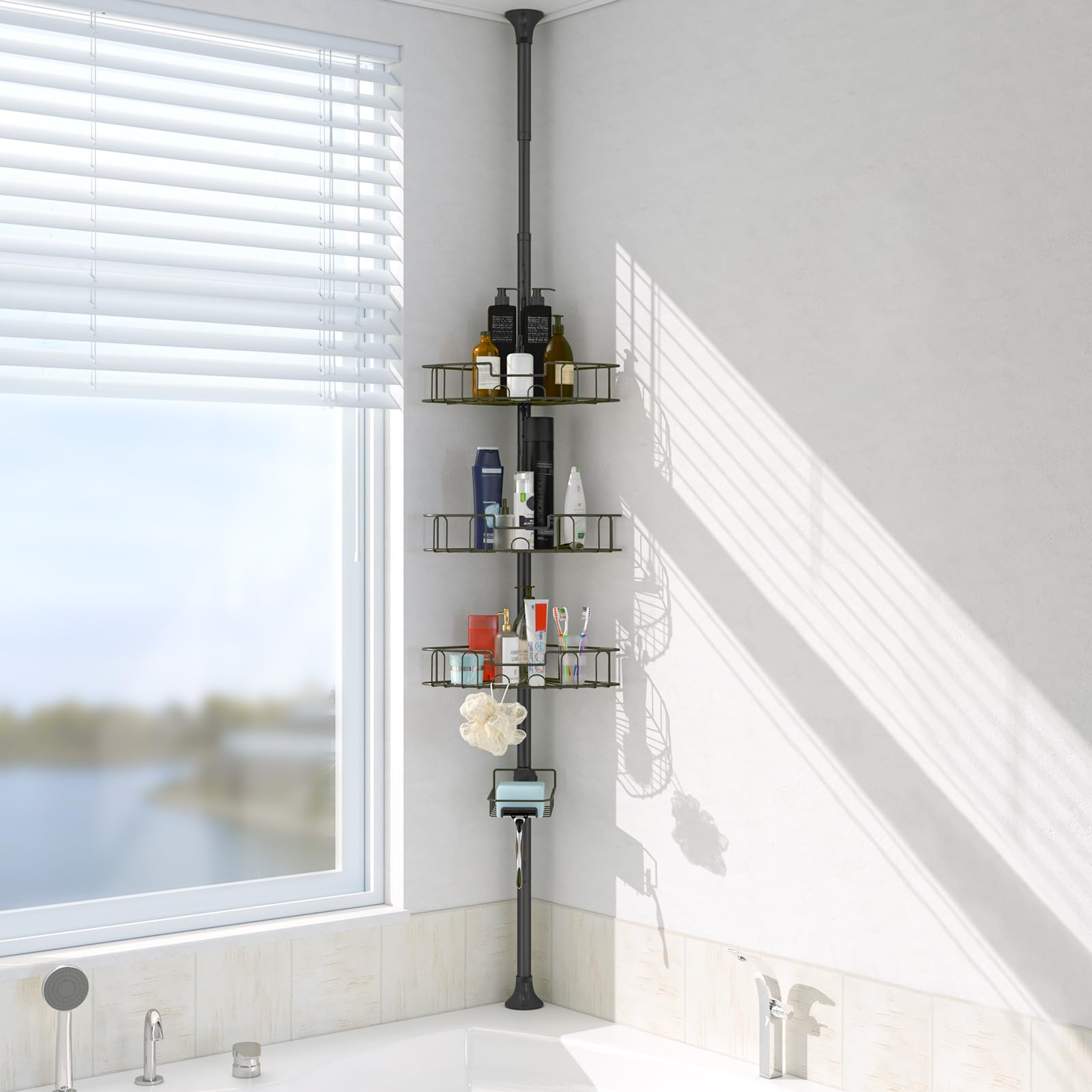 BsBsBest Shower Organizer Caddy - Stainless Steel Shower Shelves Rack Adjustable Organization And Storage Head Holder Rustproof Tension