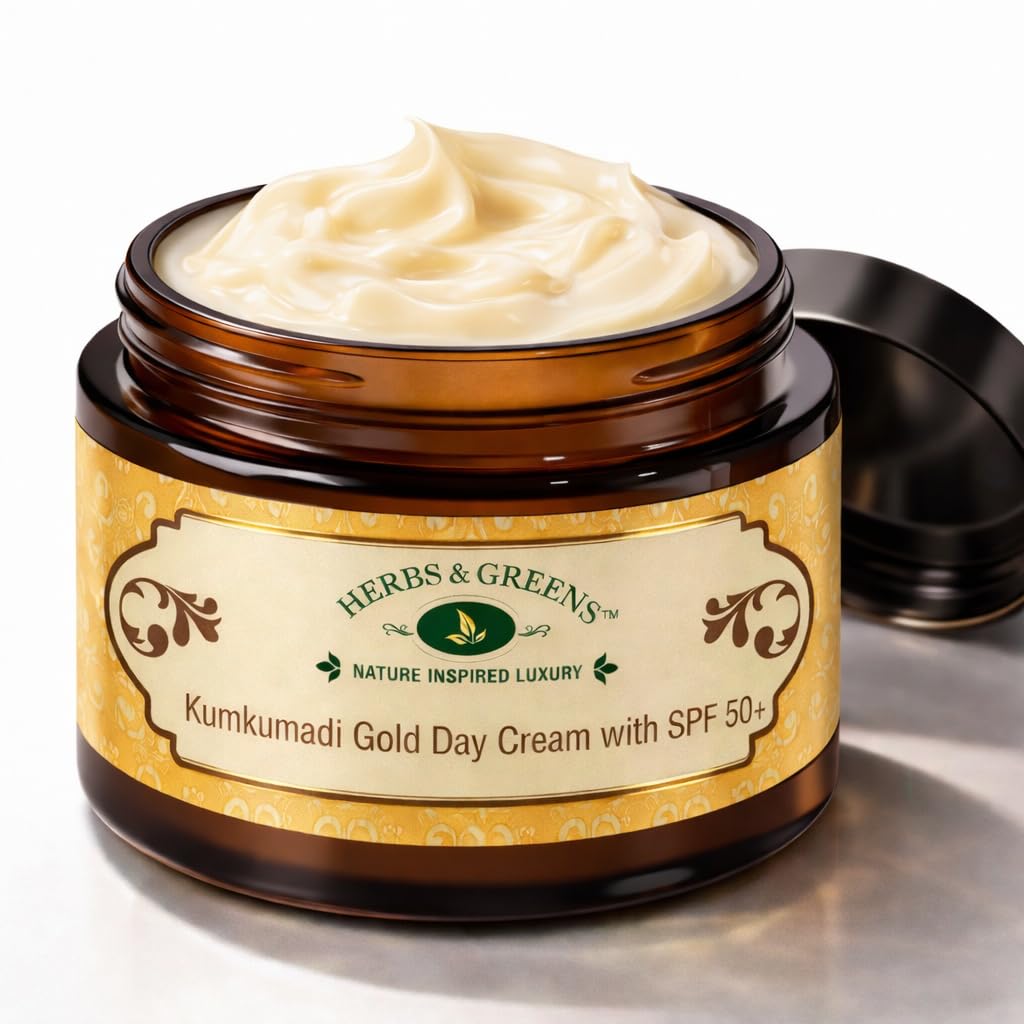 Herbs & Greens Kumkumadi SPF 50 UVA/UVB. PA++++ Gold Face Cream With 24k Gold | Lab Tested Broad Spectrum Protection | Skin Brightening Dark Spots/ Pigmentation, Anti Aging Hydrating Moisturizer For Woman & Men | Oily, Dry, Acne Prone Skin, Dermatologically Tested | 50 gm