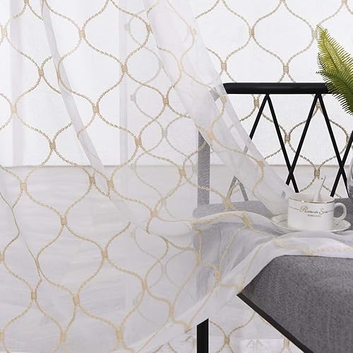 Miniatura 9 de MYSTIC-HOME Cortinas traslúcidas blancas de 95 pulgadas con patrón de ramas bordadas, cortinas de gasa con bolsillo para barra, para sala de estar,
