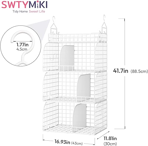 Miniatura 3 de SWTYMIKI Organizador de armario colgante  4 estantes apilables de metal con divisores y ganchos en S, estantes plegables para ropa, pantalones,
