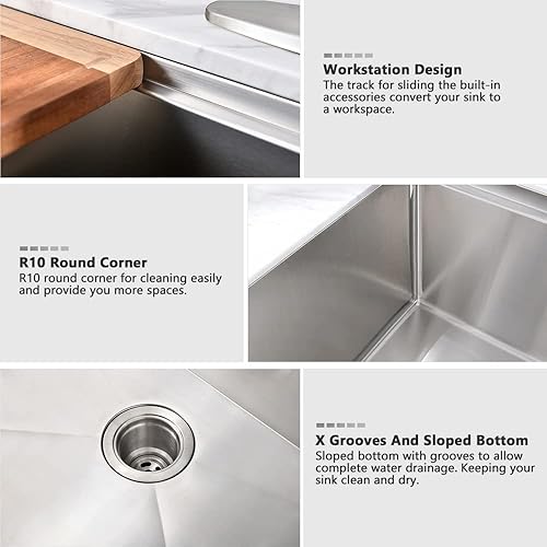 Miniatura 47 de Fregadero de cocina negro 33 x 22 pulgadas, de acero inoxidable negro, estación de trabajo frontal, calibre 16, R10, fregadero profundo de cocina