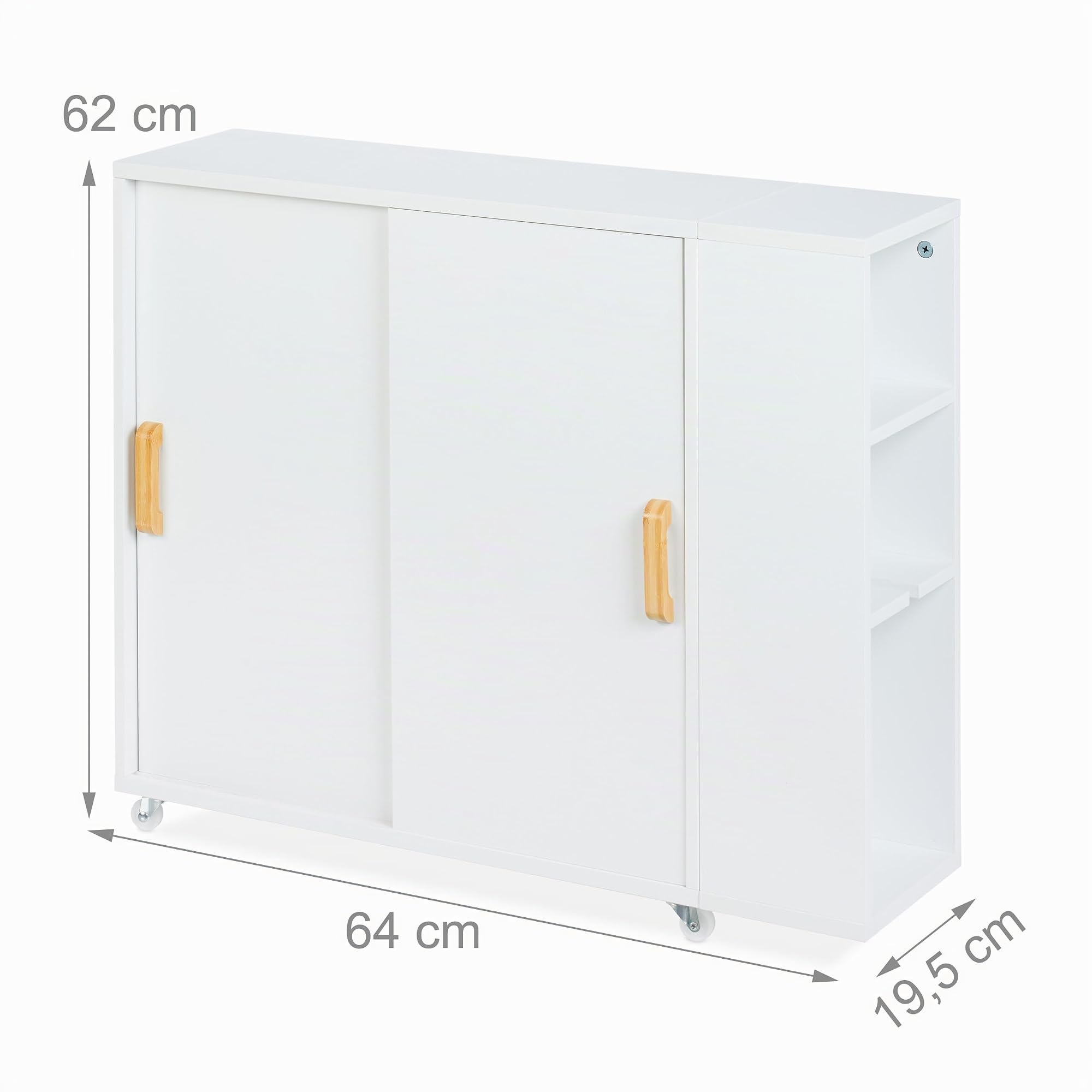 Relaxdays Nischenschrank, 4 Fächer, WC-Bürstenhalter, HxBxT: 62 x 19,5 x 64 cm, Bad, MDF, Bambus, Rollwagen, weiß/Natur