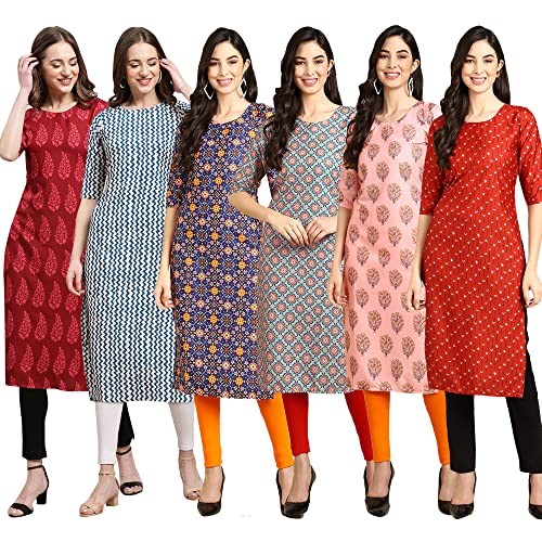 Image of Pinkmint Women's Crepe Digital Print Straight Kurta Pack of 6 [CR-336-370-344-343-328-366]