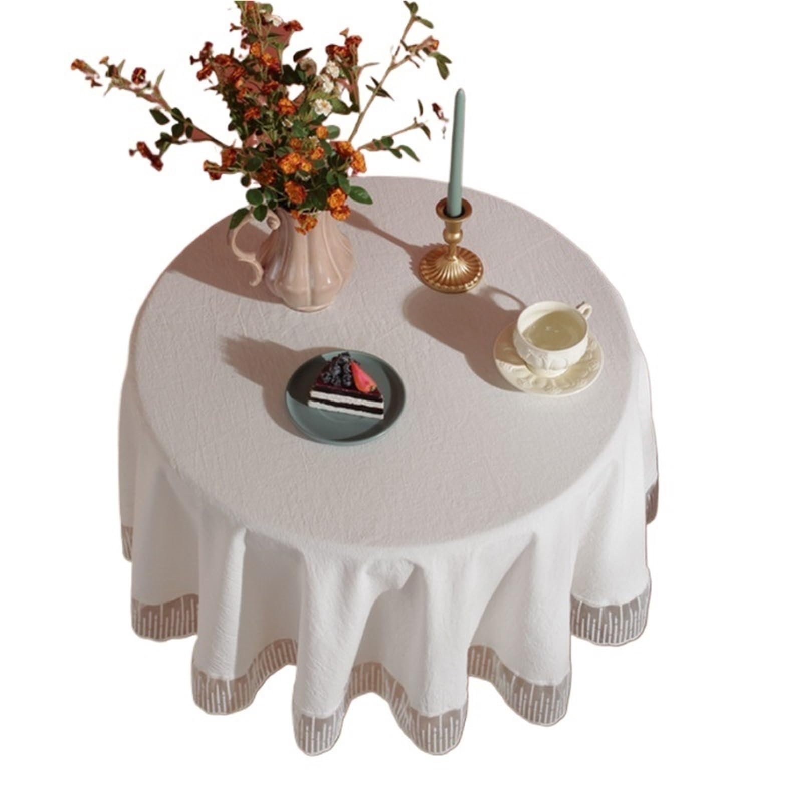 ZNTIHZ Cotton Linen Bedside Table Cover Solid Edge Decor Tablecloth Round For Tea For Furniture Dresser(White A,Diameter 150cm)