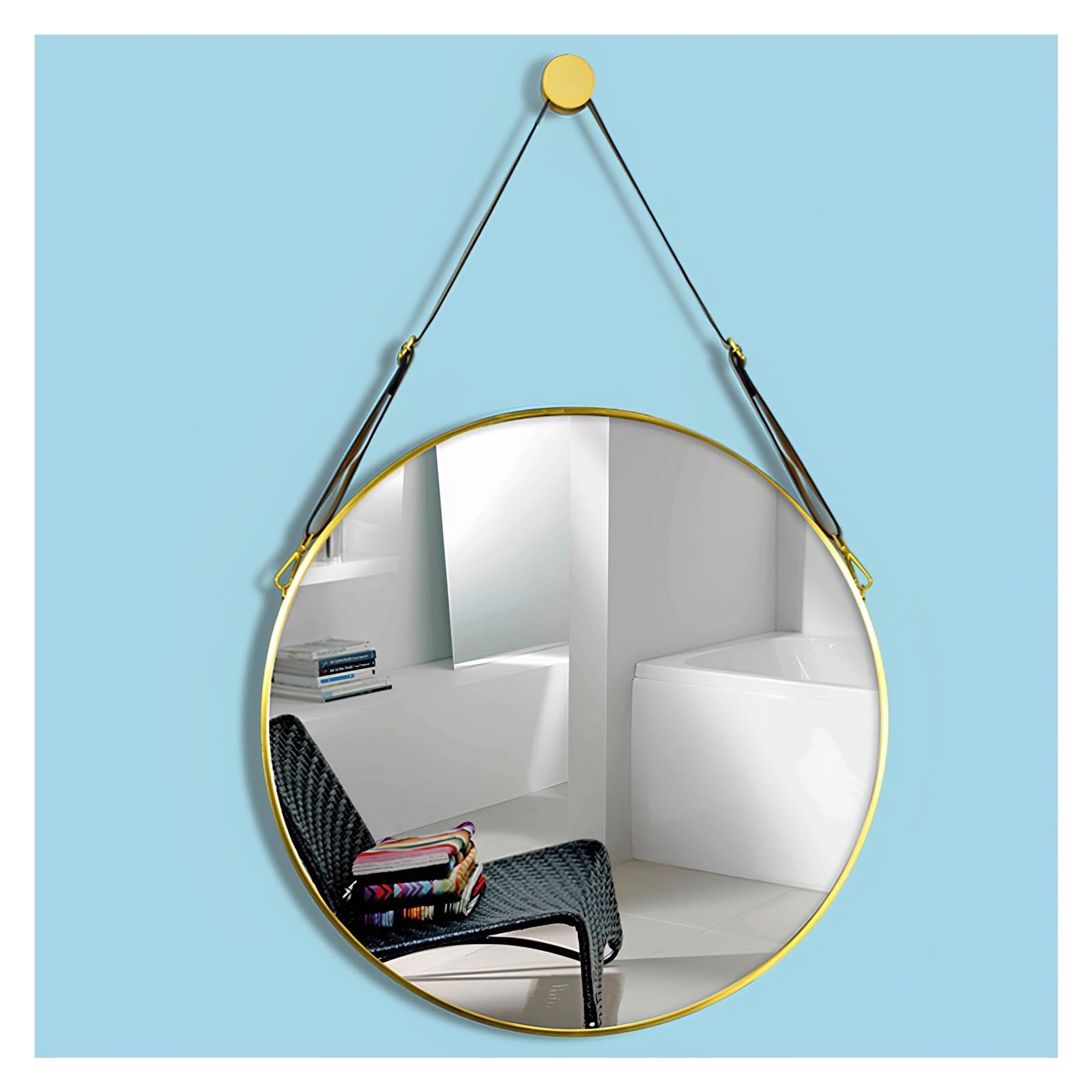 BKSXSOP Round Wall Mounted Gold Bathroom Mirror, Decorative Makeup & Dressing Mirror with Hanging Chain for Home, Bedroom, Entryway - 70cm/27.5in
