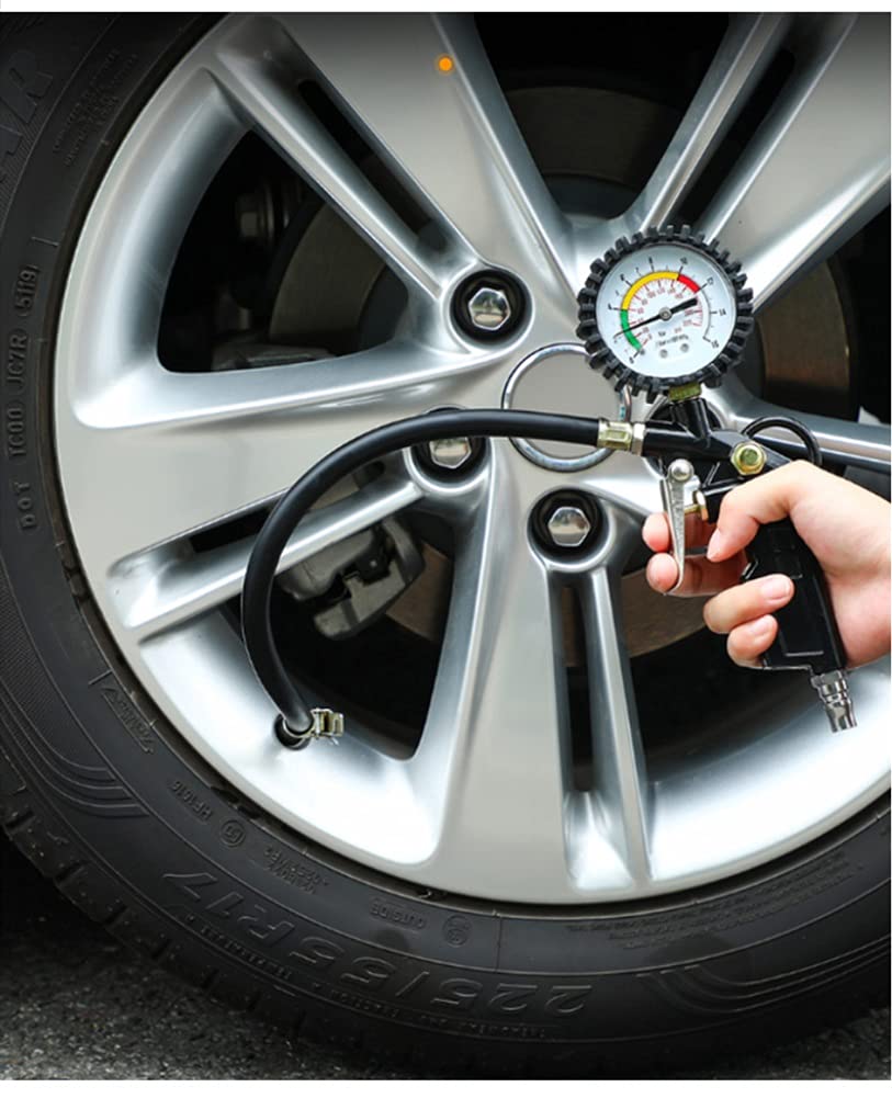 Manometr w oponach, Manometr w oponach 220 PSI z rurką gazową i rurką sprężynową Nakrętki zaworów do monitorowania ciśnienia w oponach, Narzędzie samochodowe do pomiaru opon (Rozmiar: B) (A)