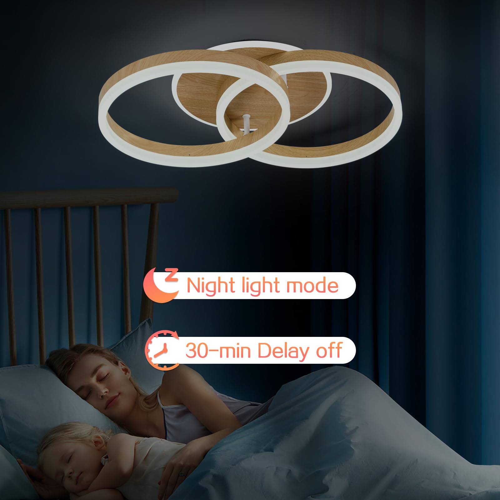 Plafón LED Salón 2 Anillos φ50 cm, 36 W Lámpara de Techo Moderna Regulable con Mando a Distancia, de Metal+Acrílico, para Sala de Estar, Dormitorio, Comedor -Imitación Madera