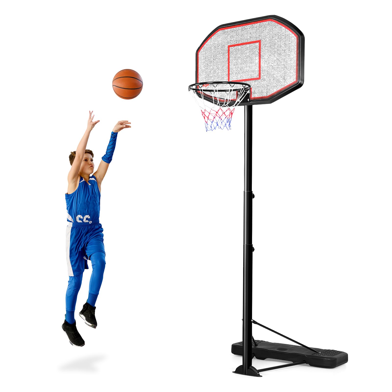 GYMAX Panier Basket Exterieur pour Enfants Adultes, Hauteur Réglable 220-305cm, Mobile avec Roues, Base Remplissage d'eau ou Sable, Structure Stable Triangulaire