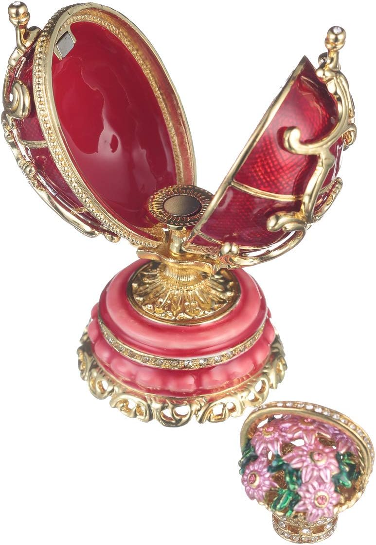 Danila-Souvenirs Faberge Style Spring Flowers Egg with Basket of Flowers 3.4'' (8.5 cm) red