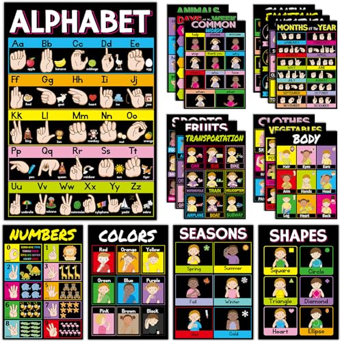 Image of gisgfim 18 Pieces ASL Poster America Sign Language Poster ASL Study Charts for Classroom Education Posters Sign Language for Primary School Toddlers Kids Students Classroom Decor (Black)