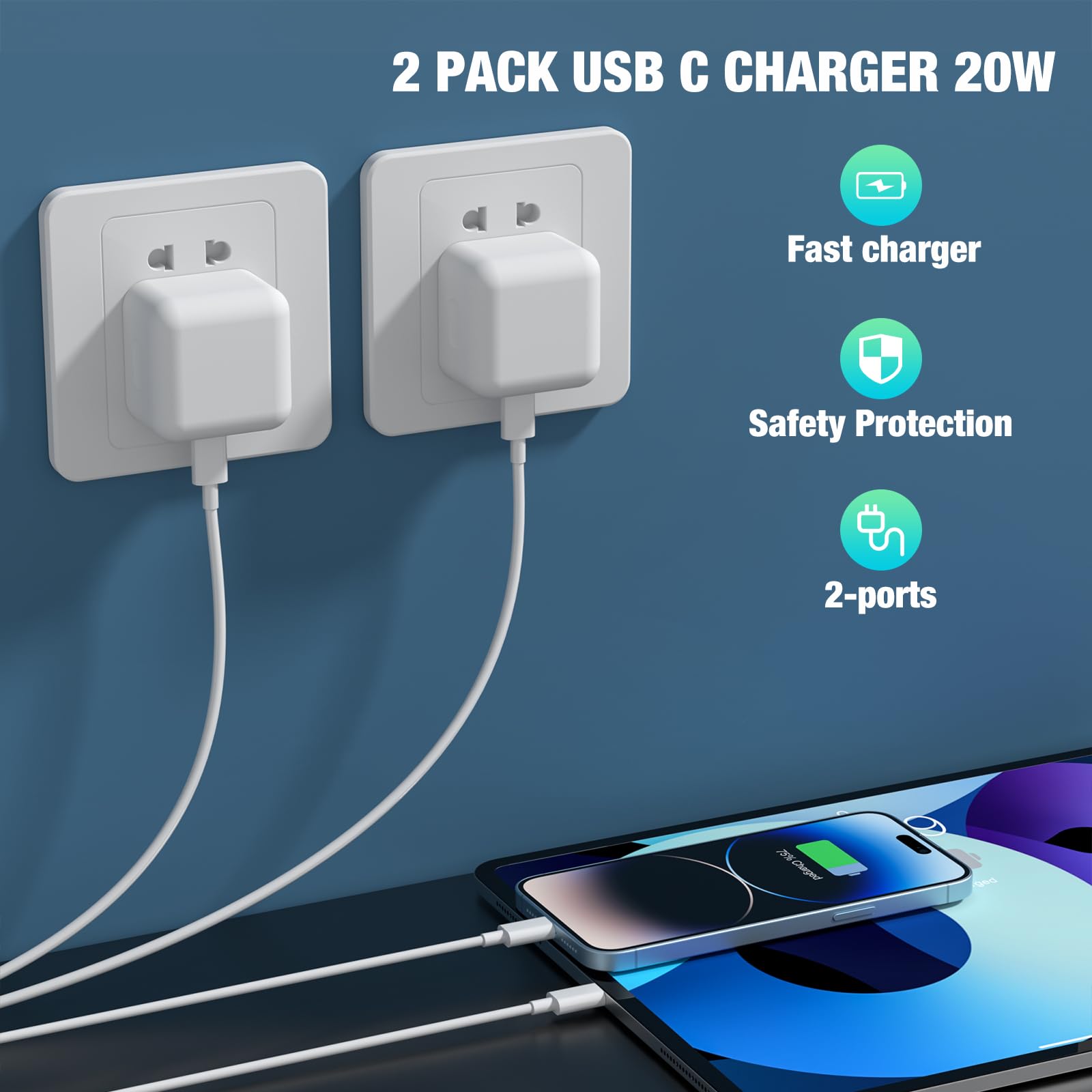 KTDRJN for iPhone Charger Fast Charge, 2Pack PD 20W Fast Apple Charger Cable 2M, iPhone Fast charger Plug with USB C To Lightning Cable for iPhone 14 13 12 11 Pro Max XS XR X 8 7 6 Plus, iPad and iPod — view 5