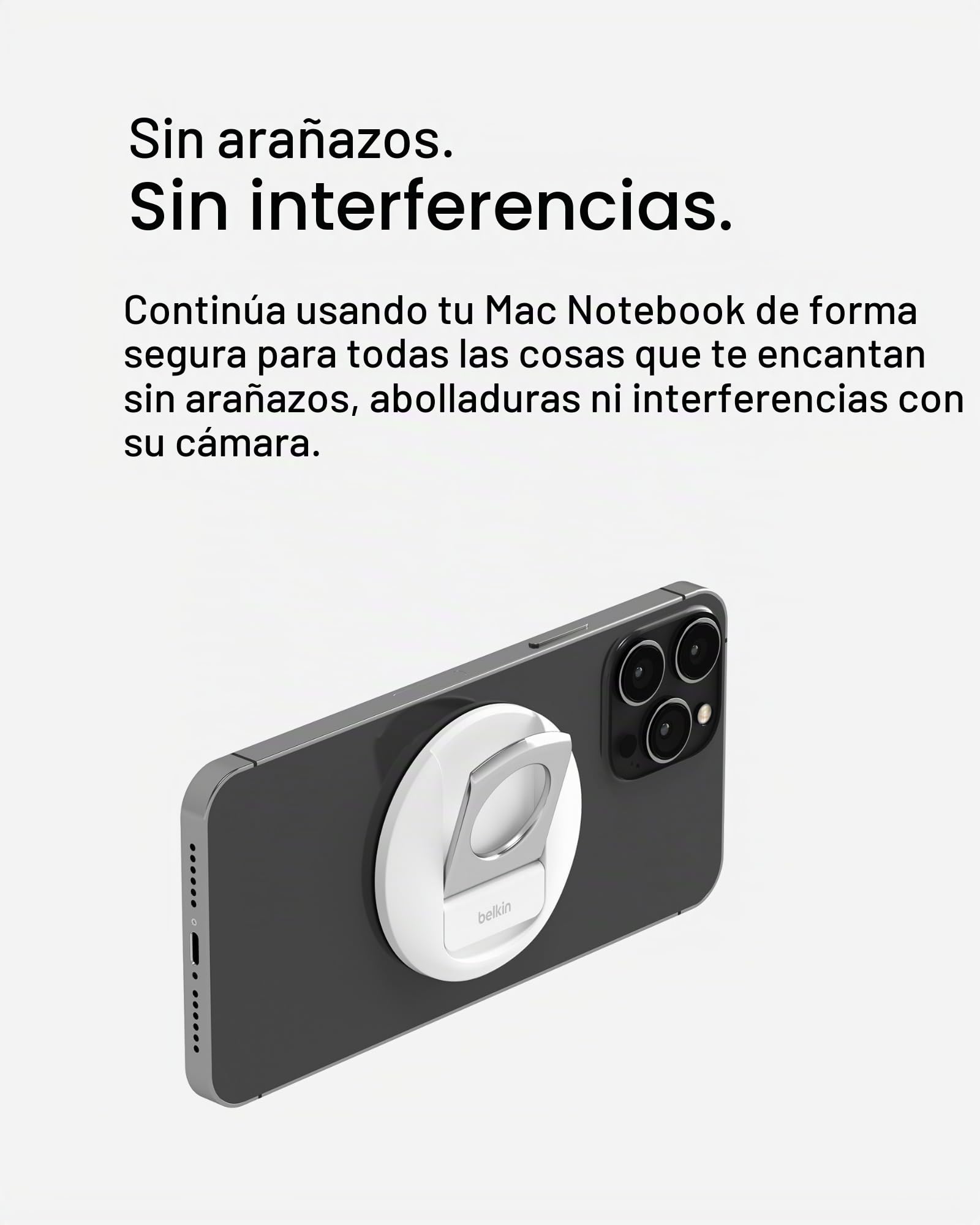 Belkin soporte de iPhone con MagSafe para portátiles Mac con sencillo y rápido acoplamiento magnético para usar la cámara de continuidad, compatible con iPhone 16, 15, 14, 13, 12, MacBook Pro, Air