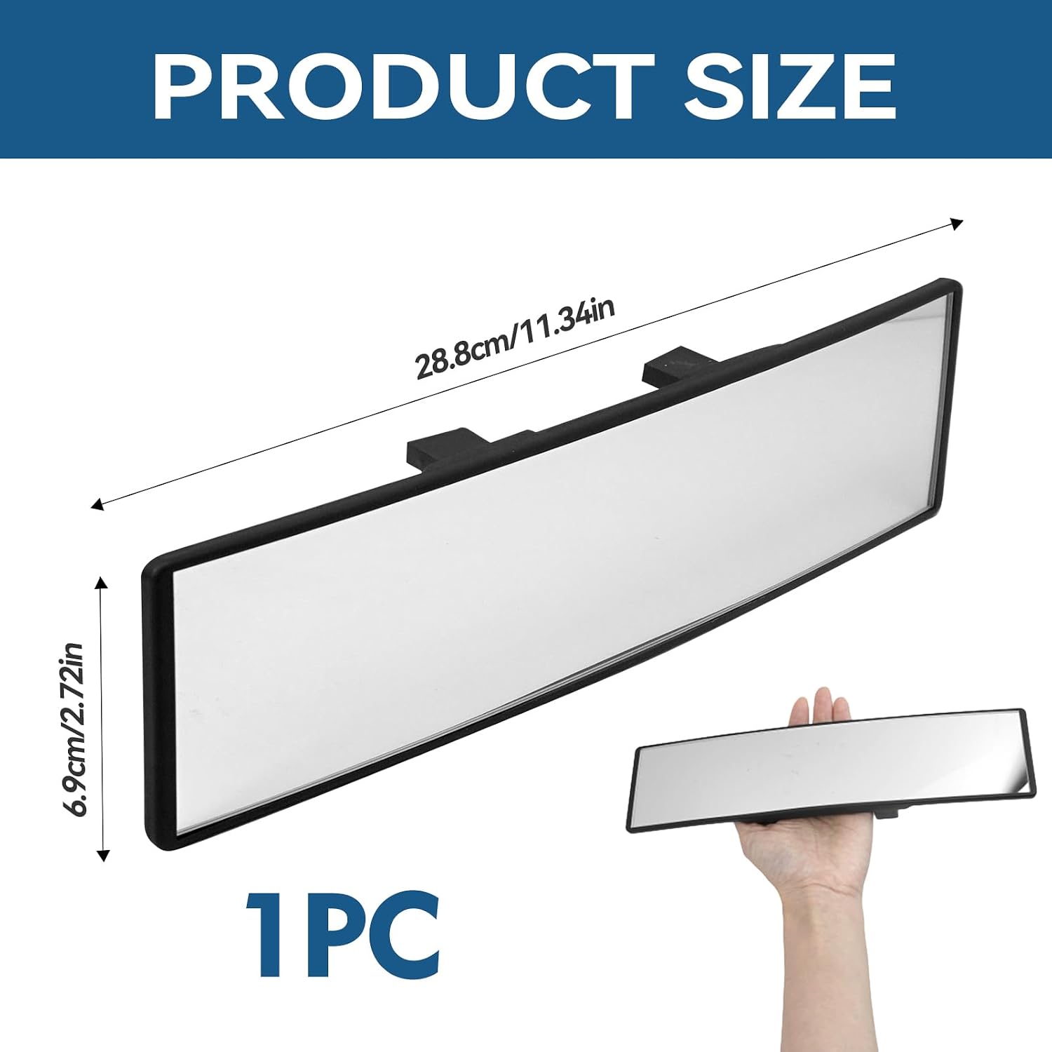 Curved Rearview Mirror, 11.34" Universal Panoramic Interior Clip-On Convex Wide Angle Mirror with HD Glass to Reduce Blind Spots, Improve Safety and Provide Clear Vision for Cars SUVs and Trucks