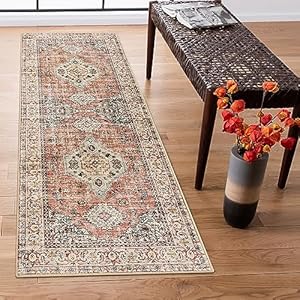 Lahome Oriental Runner Rug – 2×6 Laundry Room Rug Runner Ultra-Thin Runner Rugs for Hallway, Distressed Washable Runner Rug,Vintage Soft Carpet Runner for Bathroom Kitchen Bedroom,Peach/Orange