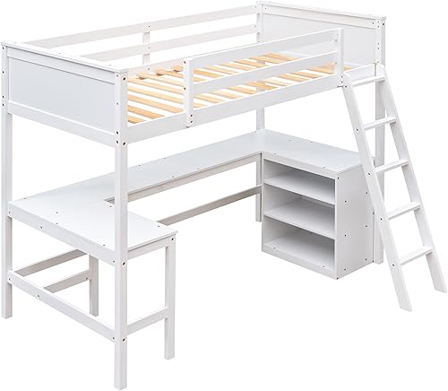 Miniatura 6 de Cama alta individual con escritorio y estantes de almacenamiento, cama alta de tamaño individual para niños con escaleras angulares y barandillas de