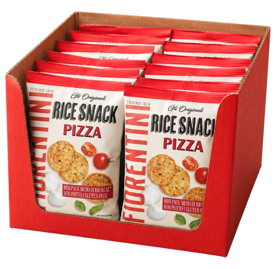 Rice Snack Pizza Mini Pack 20g per Fiorentini, Box con 12 Confezioni da 20g, Snack di Riso Croccanti Gusto Pizza, Senza Glutine, Non Fritti, Monoporzione per Aperitivo e Pausa Snack
