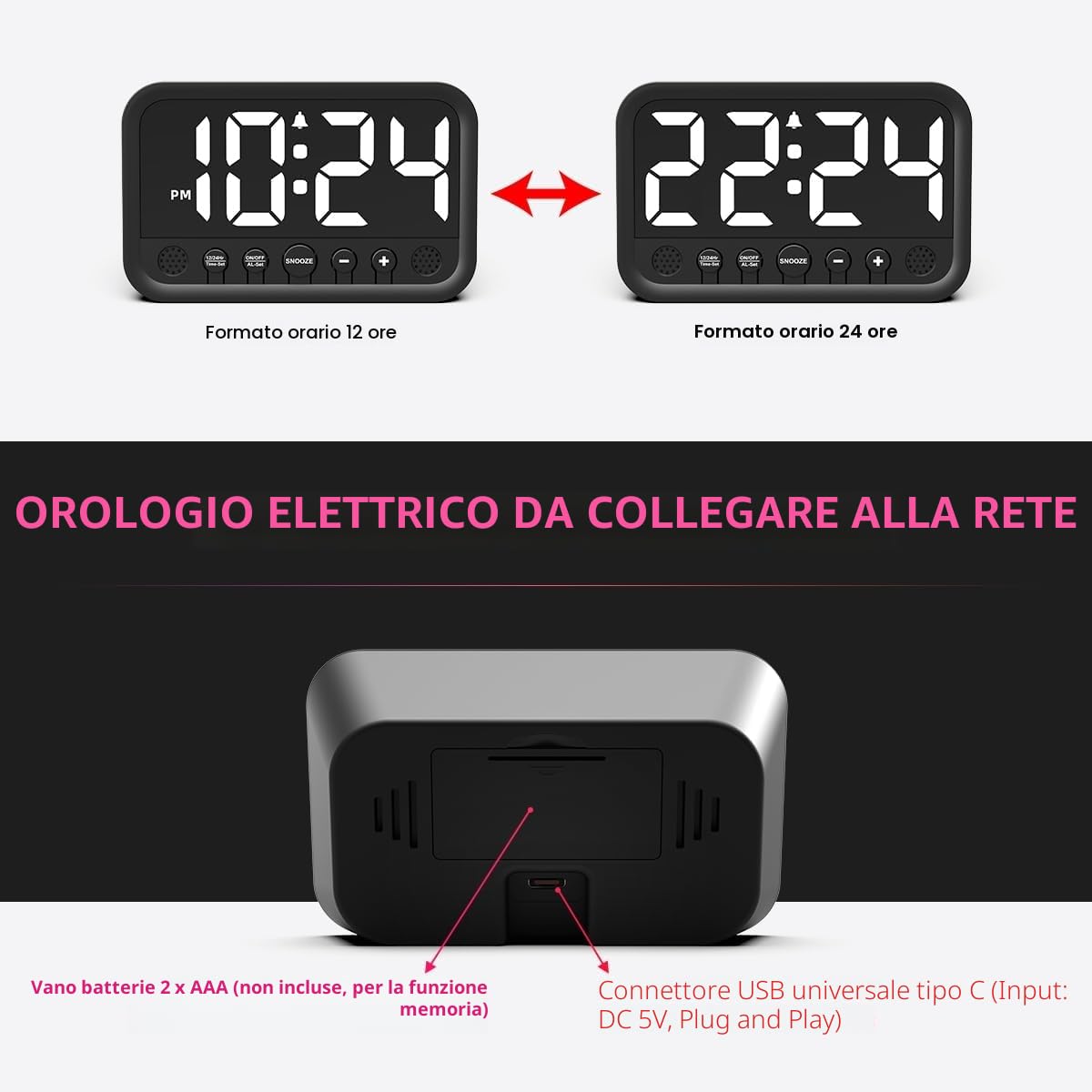 Sveglia digitale con numeri grandi, sveglia digitale con display LED, luminosità e volume regolabili, Snooze, 12/24HR