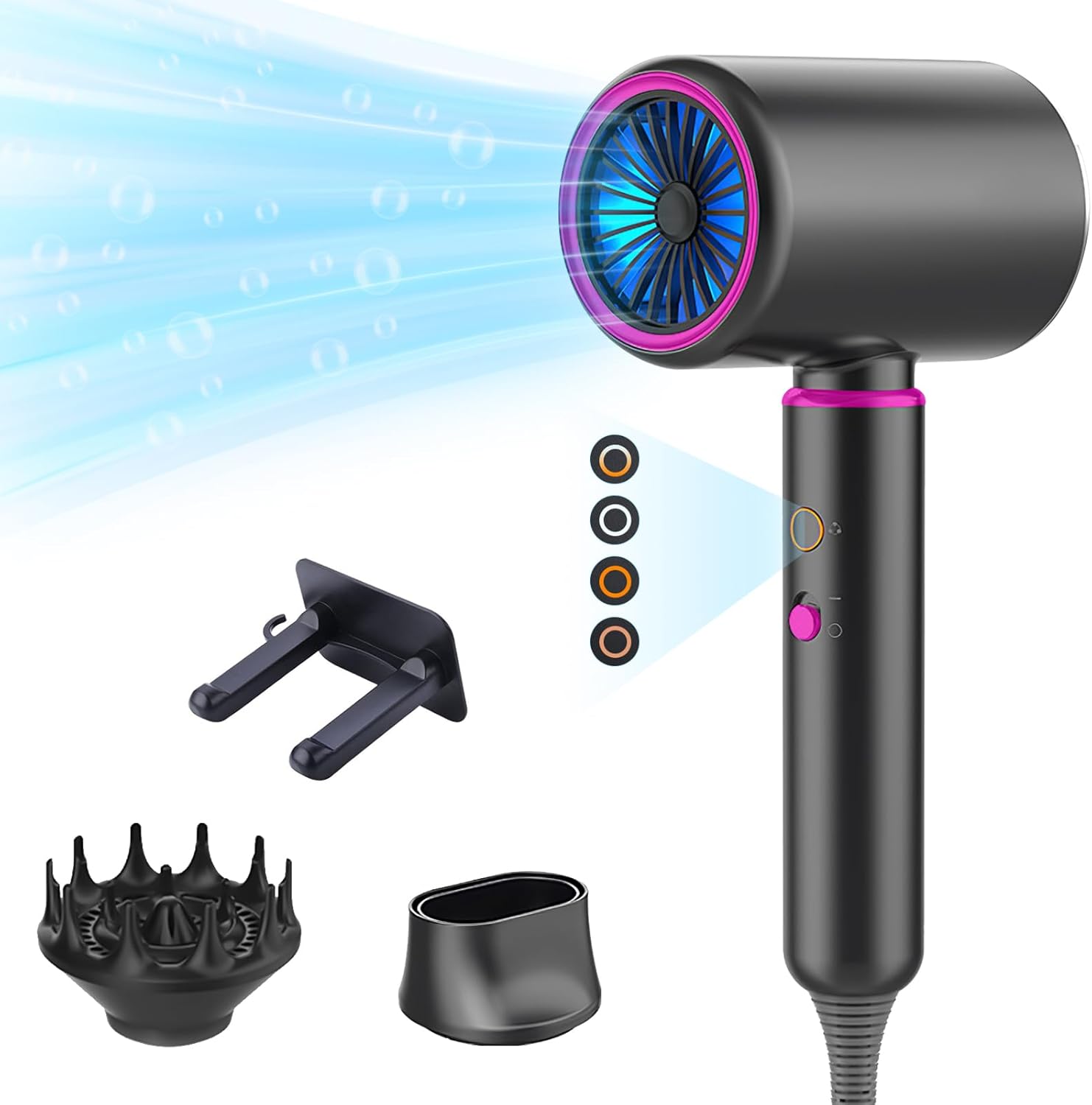 Bizcasa Haardroger, 2200 W, AC-motor, negatieve ionentechnologie, föhn, professionele sneldrogende föhn, anti-kroes, 4 standen en gangen, haarföhn met diffuser en concentratoren, grijs 1