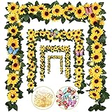 Waipfaru 4Pcs Sunflower Garland with Lights and 3D Butterfly, Artificial Flower Garland Sunflower Garland for Decoration, Fake Vines Sunflower Decor with Green Leaves for Wedding Arch Room Party Wall