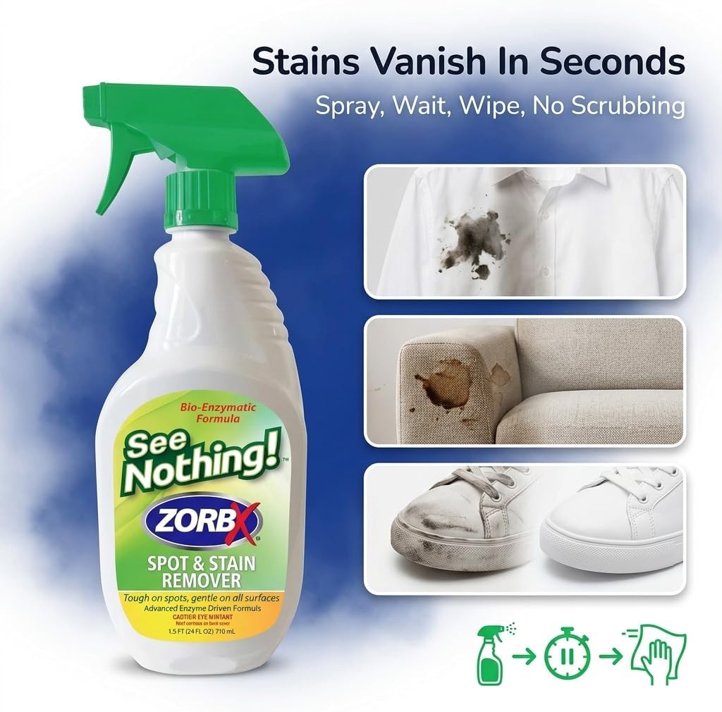 ZORBX See Nothing Spot & Stain Remover Spray (24 oz.) - All Purpose Cleaner for Shoes, Clothes, Furniture & Pet bedding - Fast-Acting Scrub-Free Odor & Enzyme Stain Remover for Ink, Blood & Urine