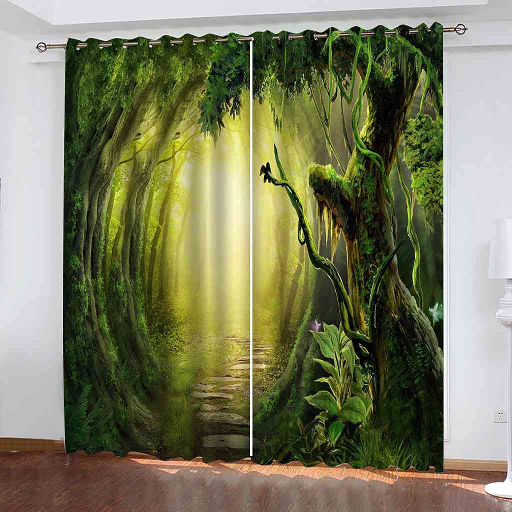 Rideaux occultants enfant 3D bois verts occultation thermique chambre 264x242 cm