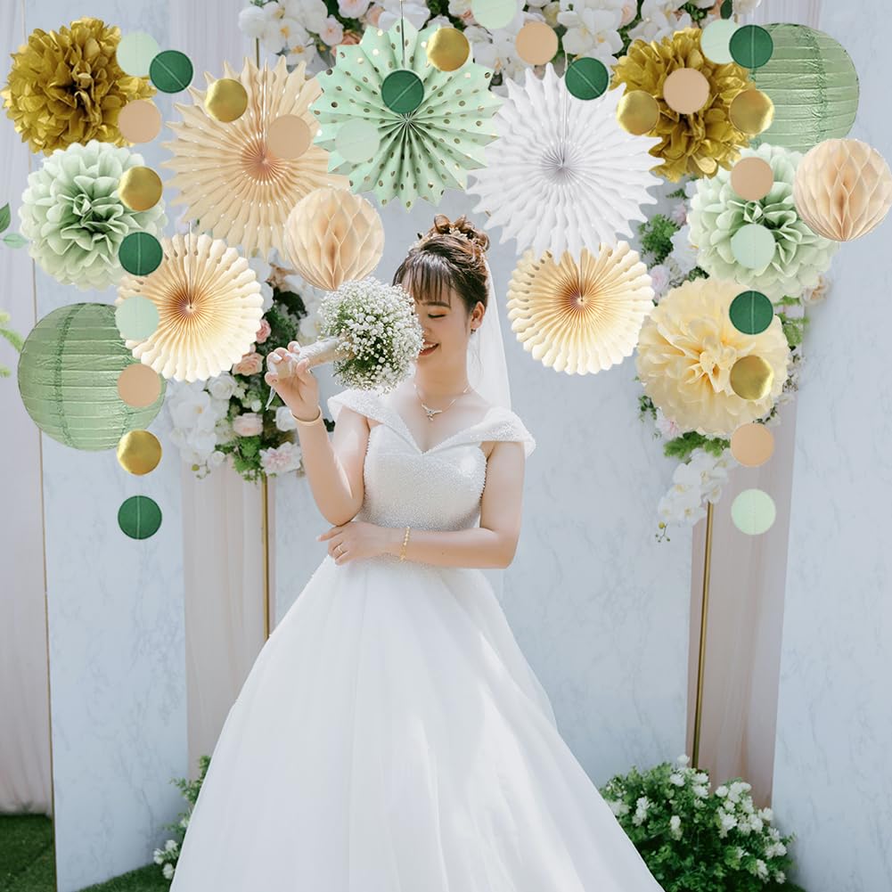 Set Decorazioni Compleanno Verde Salvia E Rosa Oro: Pompon, Lanterne, Striscione E Ghirlanda, 20 Pezzi Per Feste A Tema Per Donne E Ragazze - 5